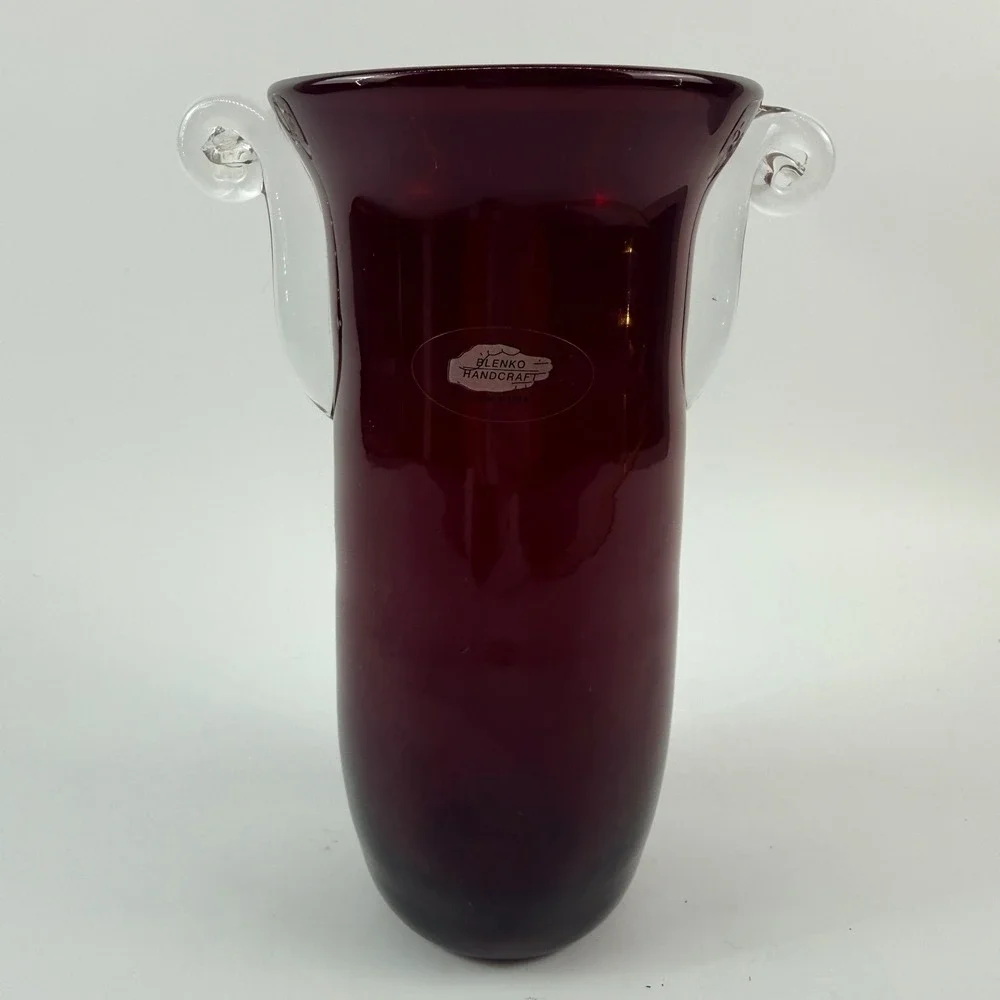 Blenko Ruby Red Glass Vase Non-Catalog Applied Clear Scroll Handles Silver Label
